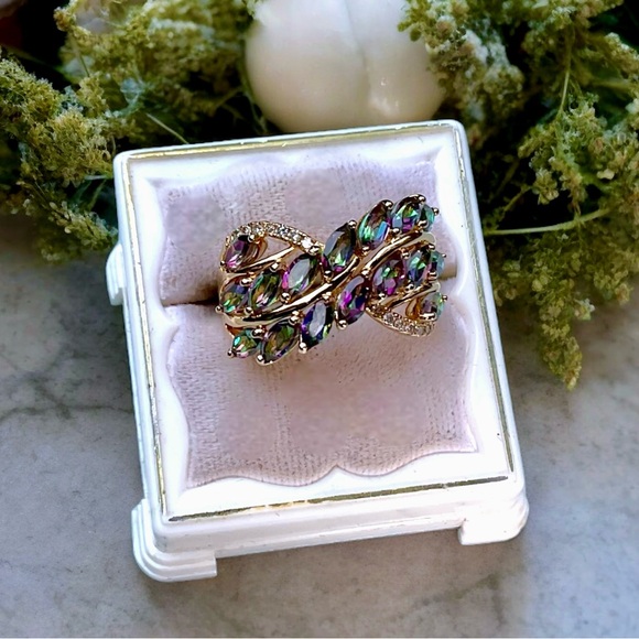 ❤️ Gold/925 GENUINE Diamond & Mystic Topaz Ring - Picture 5 of 12
